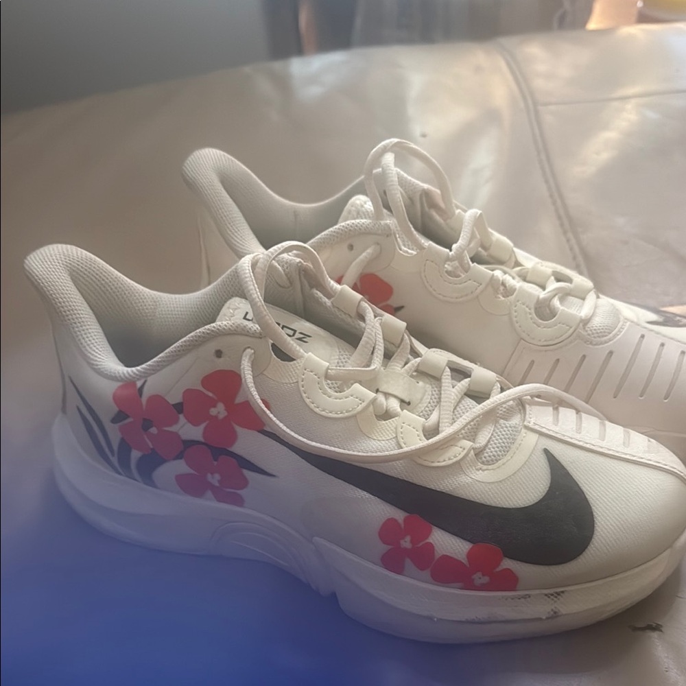 Nike White and Red Sneakers with Cherry Blossom Design